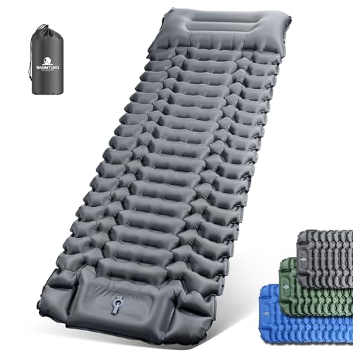 WARMTUYO Isomatte Camping, Ultraleicht Camping Aufblasbare Matratze mit Fußpresse Pumpe und Kopfkissen, Faltbare Wasserdicht Luftmatratze Anti-Ripstop Schlafmatte für Wandern, Strand, Outdoor 1