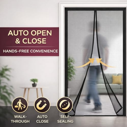 Image of Divayanshi Magnetic Mosquito Door Net 210x100 cm Black, Heavy Duty Fiberglass Mesh Screen with 18 Powerful Magnets, Automatic Closure, Washable Curtain & Self Adhesive Velcro Tape