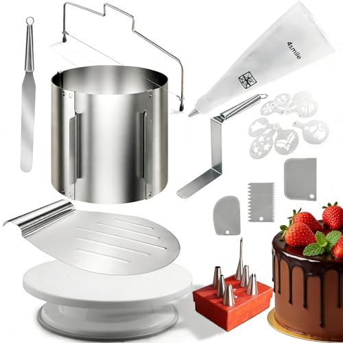 4smile Torten-Zubehör-Set 24 Teile - Tortenring verstellbar hoch 30 cm, Tortenschneider, Tortenheber, Tortenplatte drehbar, Streichpalette, Winkelpalette, Spritzbeutel mit Tüllen, Tortenschablone