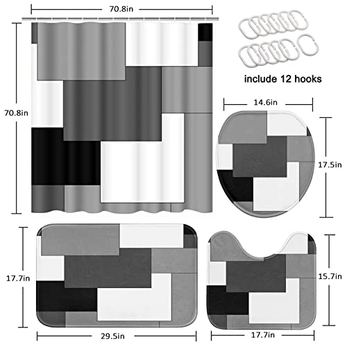 Tayney Grey Geometric Shower Curtain Sets With Toilet Lid Cover And Non-Slip Rugs For Bathroom, Black White Checkered 4 Pcs Shower Curtain Set, Modern Abstract Bathroom Set With 12 Hooks #TOP1