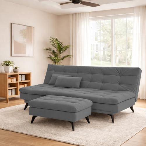 Image of Krancy Solid Wood 3 Seater Sofa Cum Bed with Ottomon | Convertible Wooden Couch for Living Room, Home & Office | Modern Designer Furniture | 1 Year Warranty | Dark Grey Color
