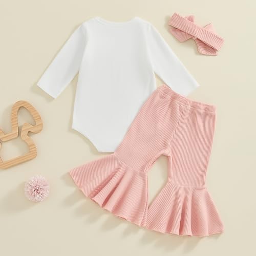 Baby Girl Cowgirl Outfit Letters Print Long Sleeve Romper Bell Bottom Pants with Headband Newborn Infant Western Set3