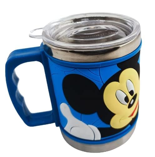 Elipsis-Stainless Steel Emboss Mug Hot and Cold Coffee/Milk/Tea Mug 300 ml with Plastic Lid for Kids Cute Prints Soft Rubber Design Mug (Random Color) - Set of 1 (MK)