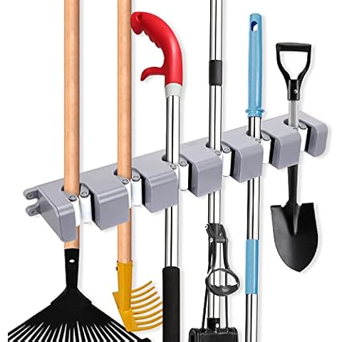 Hikeen Mop Broom Holder Wall Mount Broom Hanger Holds Up to 6 Tools Cleaning Organizer for Home Kitchen Garden Garage Tools Storage Cover