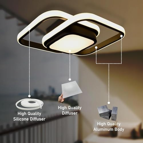 Image of Modern Dimmable LED Ceiling Light | Flush Mount Black Fixture with 3 Color Modes | Adjustable Brightness for Bedroom, Living Room & Dining Room (Ceiling Light (804))