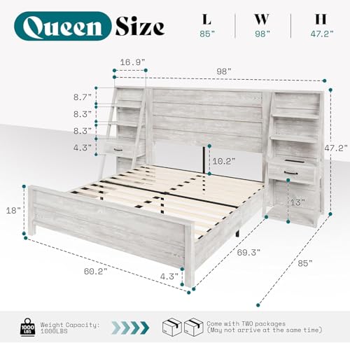 Image of AMERLIFE Queen Size Platform Bed Frame with Wide Headboard & Bookshelves