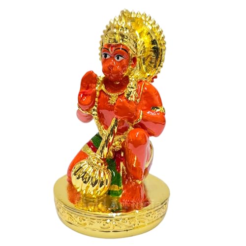 Image of Gold Art India Hanumanji Sitting with Gada Gold Plated Hanuman Statue for Car Dashboard, Hanuman ji murti for Home Decor, Office Shelves, and Gifts Orange /Kesari (2.8 x 1.6)