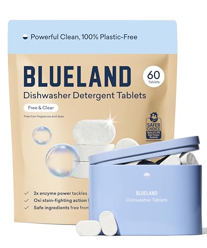 BLUELAND 100% Plastic-Free Dishwasher Detergent Tablets, Starter Set, 60 Count with tin, Free & Clear, Eco-Friendly Dishwashing Pods, Natural, USDA Certified biobased