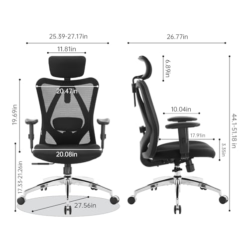 SIHOO M18 Ergonomic Office Chair, High Back Mesh Desk Chair with Adjustable Headrest & Lumbar Support, 330lbs Capacity Computer Chair with 2D Armrests & Wide Cushion, Tilt Lock, for Home Office-Black - Image 4
