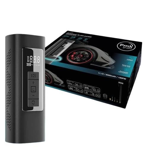 PMK GRUPO - Compresor Aire Coche 6000mAh 150PSI | Inflador portátil eléctrico ruedas bicicleta, moto, pelotas | Con Linterna, Luz de emergencia y Power Bank