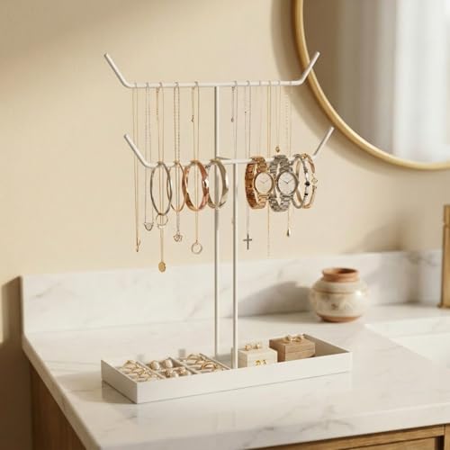 Image of ecofynd 2-Tier Metal Jewelry Organizer Stand with 2 Hangers, 16-Inch Holder for Earrings, Necklaces, Bracelets & Rings, Space-Saving Display for Vanity, Dressing Table & Home (White, JS010)