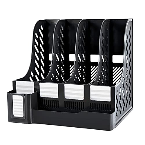 SAYEEC Desktop File Magazine Folder Holder with Pen Holder 4 Section Plastic Hollow Documents Organizer File Cabinet Shelf Frames Dividers Rack Display and Storage (Black)