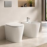 Sanitari Filo Muro 48 Cm Salvaspazio Con Wc E Bidet Linea Atami, Set Con Scarico A Terra Tornado Rimless E Sedile Soft Close, Ceramica Bianco Lucido