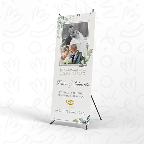 Imagen de Photocall Bodas de Oro Personalizable con Fotos y Texto Cartel Personalizado con Estructura Xbanner Ideal para Decoracion del 50 Aniversario de Bodas de Oro o Regalo Aniversario