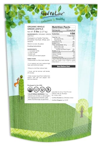 Food to Live Organic Whole Green Lentils, 5 Pounds - Non-GMO, Dried Raw Beans, Sproutable, Vegan, Kosher, High in Folate, Dietary Fiber, Protein, No Soaking Required, for Soups, and Veggie Burgers