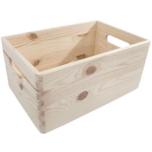 WooDeeDoo Medium Wooden Storage Crate Box – Stackable Unfinished Pine Open-Top Container for Kitchen Drawers Craft Supplies Jars DIY Workshop Organisation Pantry Office Cupboard – 29.5x19.5x13cm