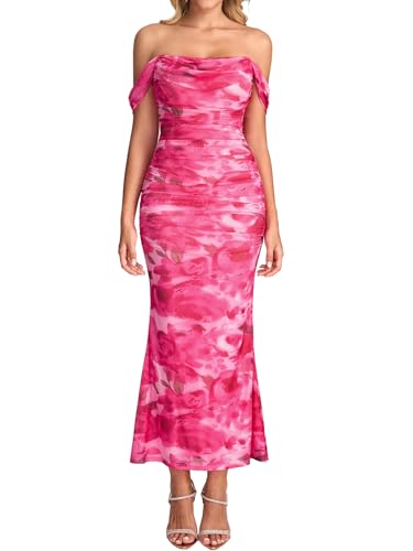 KUTUMAI Off The Shoulder Maxi Long Dress Corset Ruched Bodycon Formal Wedding Guest Dresses for Women