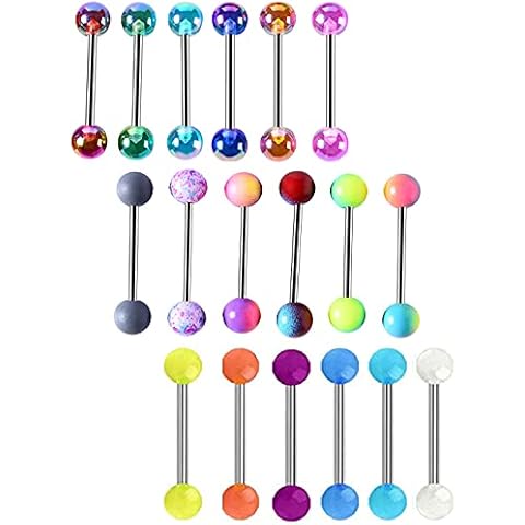 Tanyoyo 14G 18 Pcs Colorful Ball Tongue Rings Stainless Steel Barbell Tongue Straight Ring Retainer Nipple Ring Bar Length 16mm For Women Men (18PCS Colorful) Cover