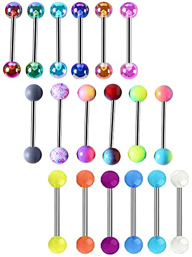 Tanyoyo 14G 18 Pcs Colorful Ball Tongue Rings Stainless Steel Barbell Tongue Straight Ring Retainer Nipple Ring Bar Length 16mm For Women Men