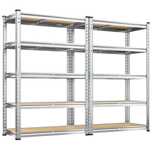 Image of REIBII Garage Shelving, 5 Tier Storage Shelves Load 2400LBS, Adjustable Garage Shelving Heavy Duty, Metal Shelves Unit with Waterproof Columns, 35.5 inch W x 11.9 inch D x 72 inch H, Galvanized, 2 Pack