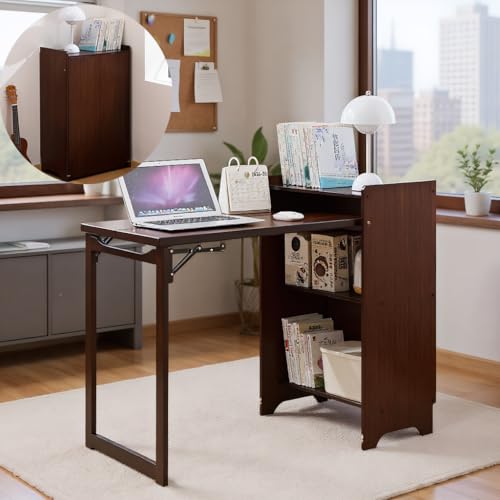 Image of Walnut Foldable Office Desk, Fold Out Convertible Hidden Computer Desk with Storage Shelves, Multi-Function Folding Murphy Writing Table for for Small Spaces, Home Office