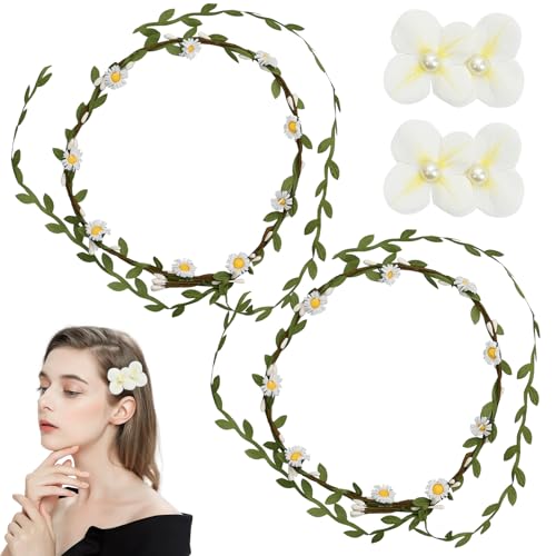 Diademas de Guirnalda Floral,2 Piezas Diademas De Corona Sintética Y 2 Pinzas De Pico De Pato con Flores,Margaritas Flor Corona para Fiestas, Bodas, Playa, Mujeres, Niñas