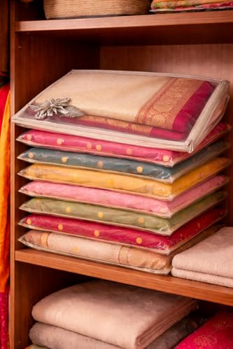 Image of RAAHII 5 Piece Wedding Gifting Transparent single saree cover with zip, suit packing plastic covers for sadi, duppata, clothes bags, lehenga, kurti for wardrobe storage organizer (Silver)