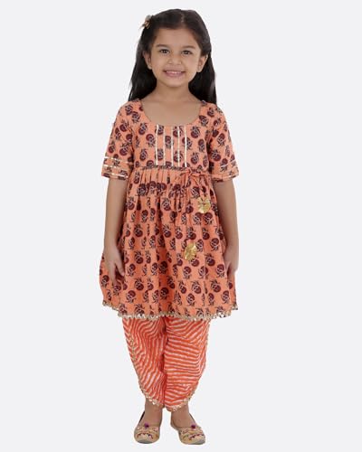 Image of superminis Cotton Blend Baby Girl's Jaipuri Print Frock Style Kurti With Frill Sleeves And Dhoti Style Salwar With Elastic Closure Ethnic Dress Clothing Set