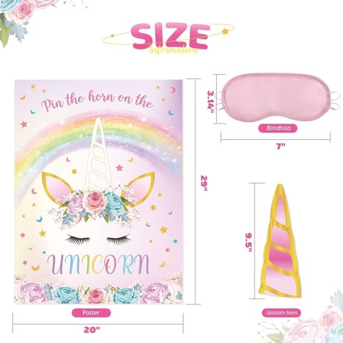 Image of WERNNSAI Pin The Horn on The Unicorn Rainbow Birthday Party Games for Kids | Unicorn Birthday Decorations,Pin The Tail on the Unicorn,28 inch x 21 inch Poster with 24 Stickers and Blindfold