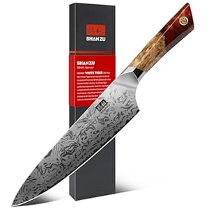 SHAN ZU Coltelli da Cucina Damasco 91 Strati, Coltello da Chef a Giapponese in Acciaio in Polvere SG2, Professionali Coltello Multiuso 20 cm Forgiato a Mano Acciaio Damascato con Manico in Acero