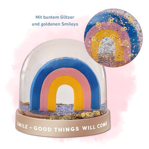 moses. Smile Schneekugel Rainbow, Schüttelkugel im Regenbogen Design mit Glitzer und goldenen Smileys, Funkelnde Regenbogen-Schneekugel, Glitzerkugel als Geschenk