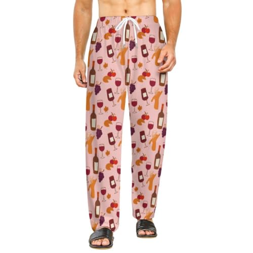 Couples Wine Cartoon Print Wineglass Various Snacks And Delicious Drawstring Pajama Pants, Stretchy Relaxed Fit PJs for Daily, Premium Poly Spandex Printed Sleep Bottoms Medium