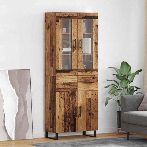 Image of fadaoet High Shelf with 2 Drawers Made of Wood and Reclaimed Wood for Living Room and Dining Room Storage with Modern Design, Heavy Duty Hinges, 180 cm High, Ideal for Offices or Kitchens