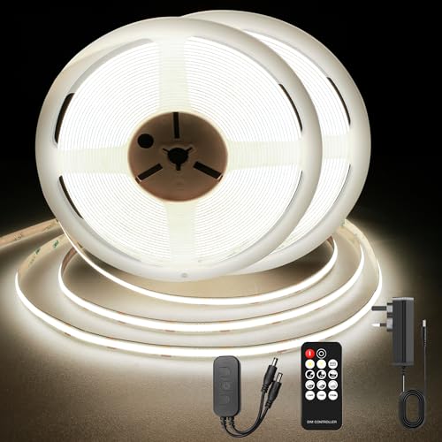 TTWAY COB LED Strip 15M, Dotless LED Lighting Strip with Remote and Power Supply, DC24V, CRI 92+, 8mm Width, Dimmable Continuous LED Strip Lights for Bedroom. Natural White, 4000K (2x7.5m)