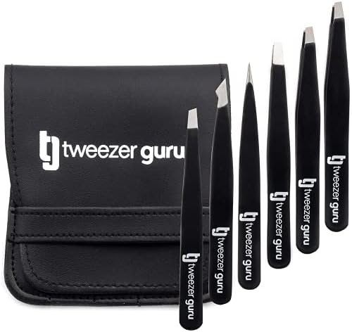 Tweezer Guru Eyebrow Tweezer Set for Women & Men - Professional Slant and Pointed Tweezers Set with Case - Precision Tweezers Kit for Facial Hair, Splinter and Ingrown Hair Removal (6 Pack)