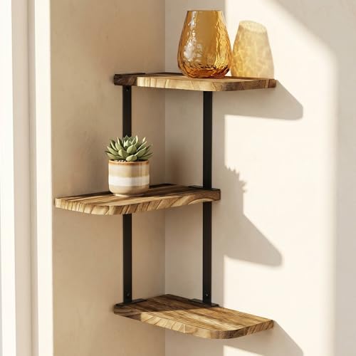 Image of Yibang Corner Floating Shelves - 3 Tiers Floating Shelves Wood Corner Shelf for Wall Storage Carbonized Rustic Wall Mount Wooden Display Shelves for Bedroom, Living Room, Bathroom, Kitchen, Office