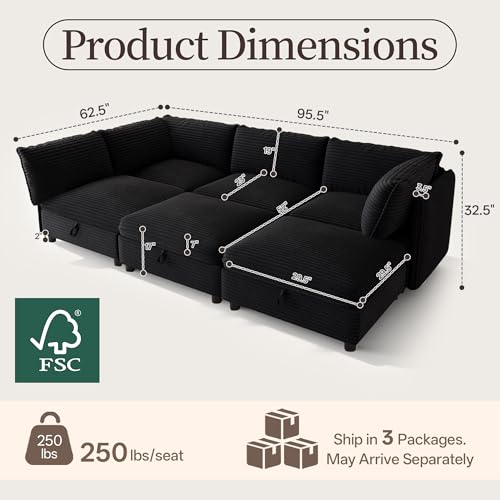 Image of Oversized Corduroy Modular Sectional Sofa Bed with Hidden Storage, Convertible L U Sleeper Couch, 6-Seat Modular Sofa Free Combination with Ottoman & Removable Covers for Living Room, Black