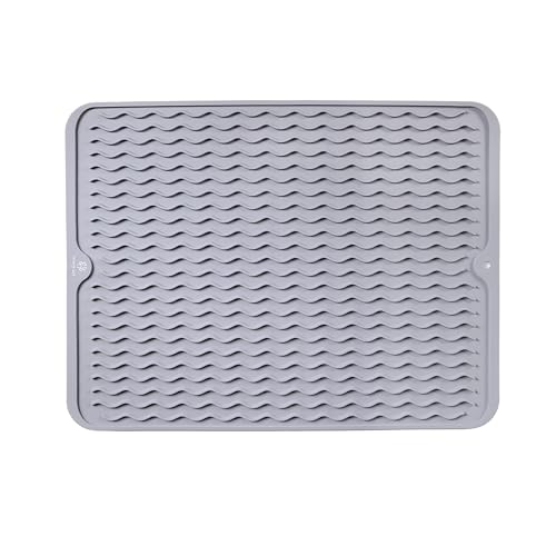 Image of Homewizer Large, 16” x 12” Silicone Dish Drying Mat for Kitchen Counter, Heat Resistant, Non-Slip Design, Quick Dry, Easy Clean, Raised Edge Holds Water, BPA Free, Food Grade Silicone- Gray