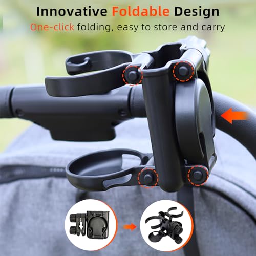 Vihir Getränkehalter für Kinderwagen mit Handyhalter, 3 in 1 Faltbarer Stroller Cup Holder, 360° Drehbar Becherhalter Kinderwagen Zubehör, Universell für Kinderwagen/Rollstuhl/Fahrrad, Mom Geschenke