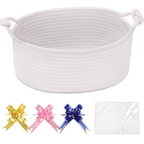Image of COMSE Small Gift Basket Empty with Bag & Ribbons, Solid White