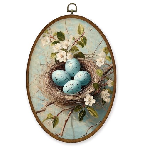 WULQYING Vintage Floral Easter Eggs Wall Art Decor, Easter Oval Framed Canvas Art Prints, Cottagecore Floral Eggs in Bird Nest Wall Hanging Decor for Home Bedroom Living Room, 8.6x11.4 Inches