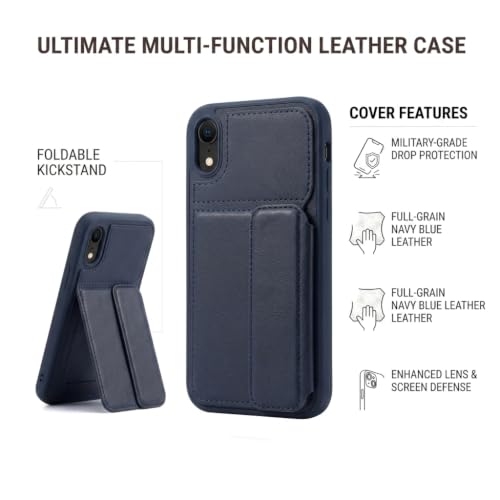 Image of amazon basics Luxury Vegan Leather Back Cover for iPhone XR | Built-in Card Holder Slot | Integrated Mobile Stand | Slim Shockproof Protective Case with Stitched Finish - Blue