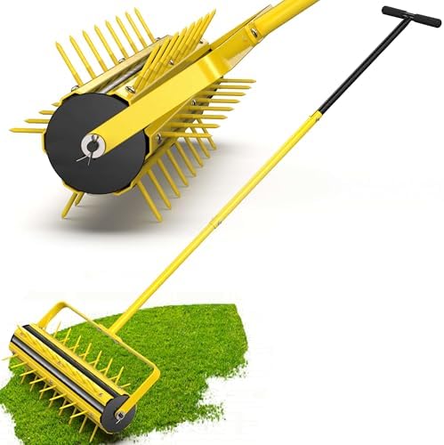 JILLSKY Upgraded 20 Inch Lawn Aerator Tool – Manual Rolling Lawn Core Aerator with 2.4” Steel Spikes, Welded Spike Strip & T-Handle – Yard Soil Aeration for Grass, Garden, Lawn Care