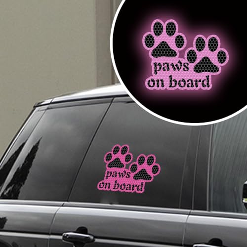 Image of 2pcs Reflective Paw Print Decal Dog Paws on Board Car Window Sticker Safety Warning Sign Stickers Funny Reflective Vinyl Stickers for Car Motorcycles Laptop (Purple)