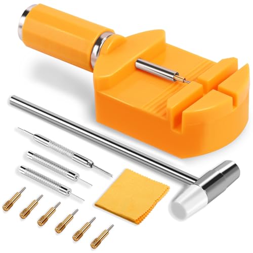 HECHIO 32 Pieces Watch Link Removal Kit，Professional Watch Band Replacement Tool，10 Pcs Spare Spring Bars and 10 Pcs Cotter Pins, 1 Double Head Hammer, 6 Spare Pins