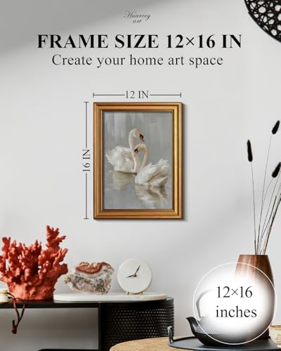 Image of HUARCEY Gold Framed Vintage Wall Art for Living Room, Animals Painting Prints Shelf Decor for Kitchen, Aesthetic Bedroom Wall Art, Best Gifts for Friends or Family - Two Swans 16L x 12W