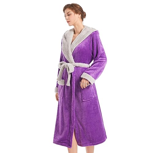 Image of Inner Wish Women Hooded Plush Robe, Fleece Highly Absorbent Cozy Warm Bathrobe