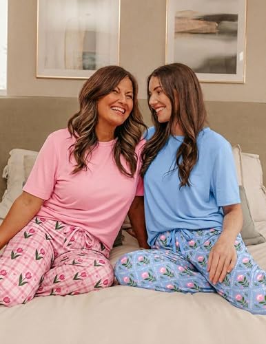 Image of Ekouaer 2 Pack Pajamas for Women Set Short Sleeve Pj Top and Printed Pants | Soft PJs Cozy Printed Lounge Sets Comfy Sleepwear with Pockets