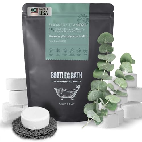 Shower Steamers, Aromatherapy Shower Bomb 15 Pack, Eucalyptus and Mint, Great Hostess Gift, All Natural, 100% Pure Essential Oil, for Men and Women, Made in USA