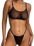 SEXYTINE Women's Sexy Spaghetti Strap Lingerie Set Sheer Mesh 2 Piece Bra and Panty (Pure Black, Large)
